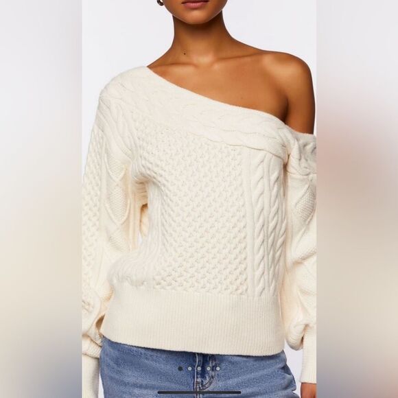 Small Forever 21 Cream One-Shoulder Cable Knit Sweater NWOT - Picture 5 of 5
